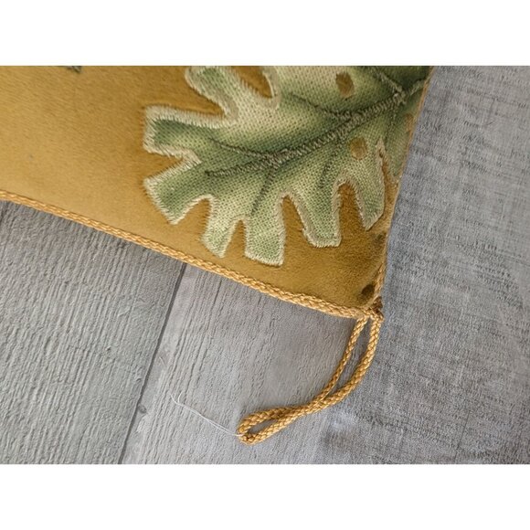 Vintage Yellow Velvet Throw Pillow With Floral Embroidery & Gold Cord Accent - Picture 5 of 8
